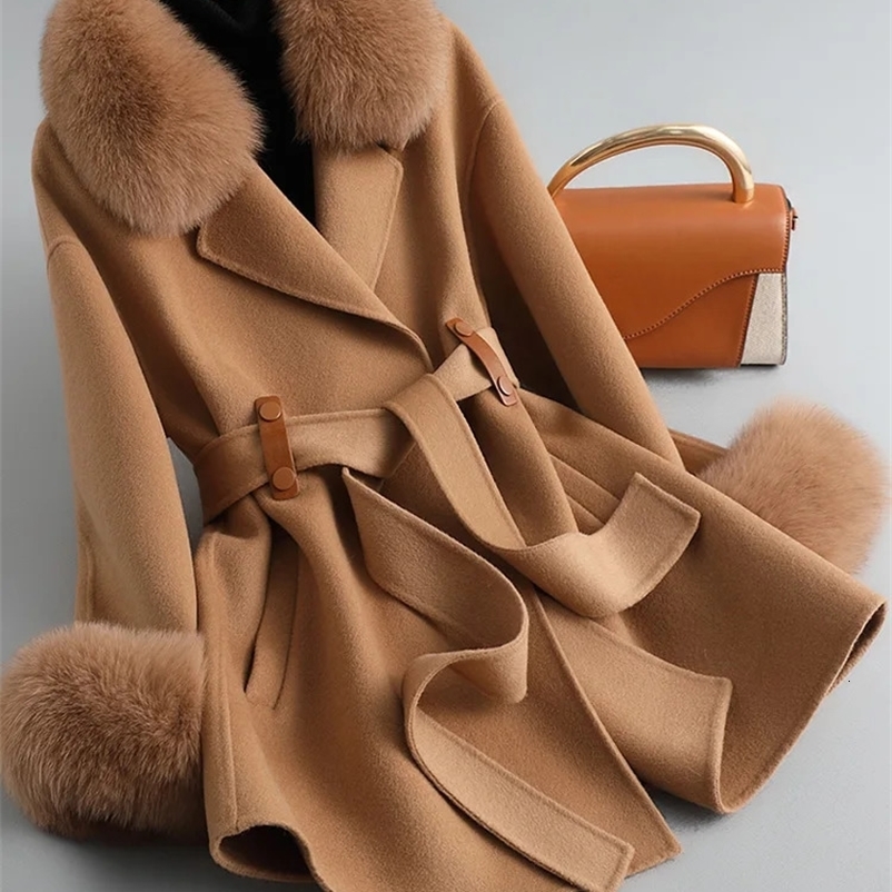 BLUENESSFAIR Real Fur Coat Winter Jacket Women Natural Fox Fur Collar Cuffs Belt Cashmere Wool Woolen Outerwear Streetwear 240911