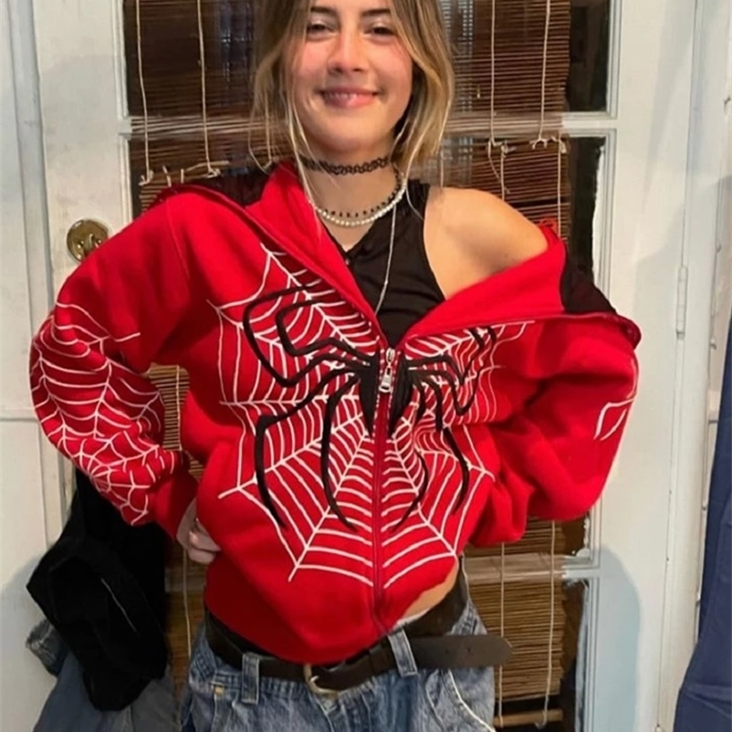 Men's Hoodies Sweatshirts Y2k Emo Women Streetwear Hoodie Spider Web Red Zip Up Hoodies Grunge Oversized Sweatshirt Gothic Harajuku Alt Jackets