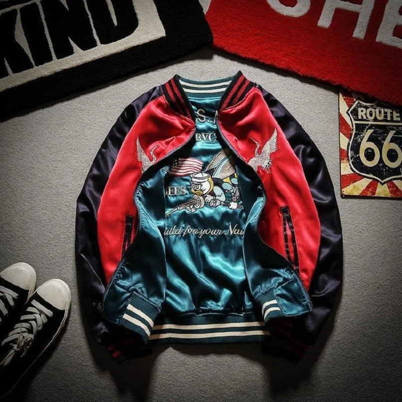 Embroidered baseball uniform mens bomber jacket satin reversible top streetwear spring autumn school Y2K 240903