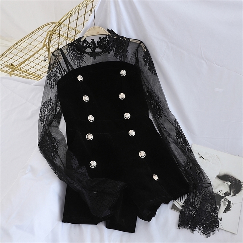 Gagarich Women Sweet 2 Piece Set Lady Solid Stand Collar Lace Blouses Strapless Doublebreasted Jumpsuit Spring Femme Slim Suit