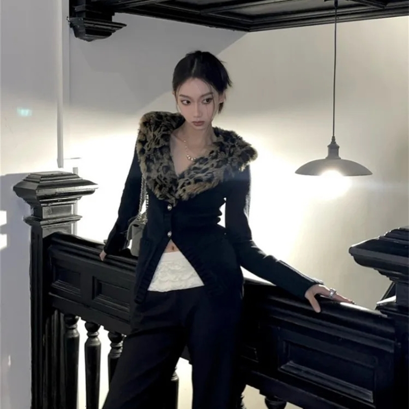 Advanced Style Set For WomenS Autumn And Winter Item Detachable Leopard Print Fur Collar Jacket With Slim Fit Pants Two-Pi 240828