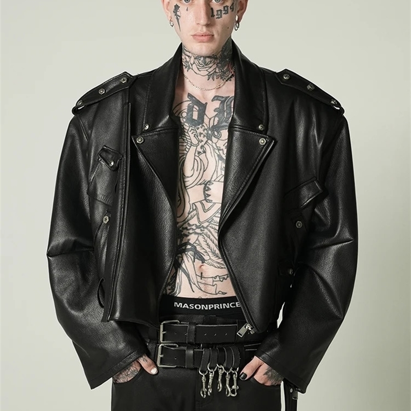 Mauroiardi Spring Autumn Cool short sleeved oversized black Pu leather bicycle jacket mens long sleeved er unisex clothing 240927