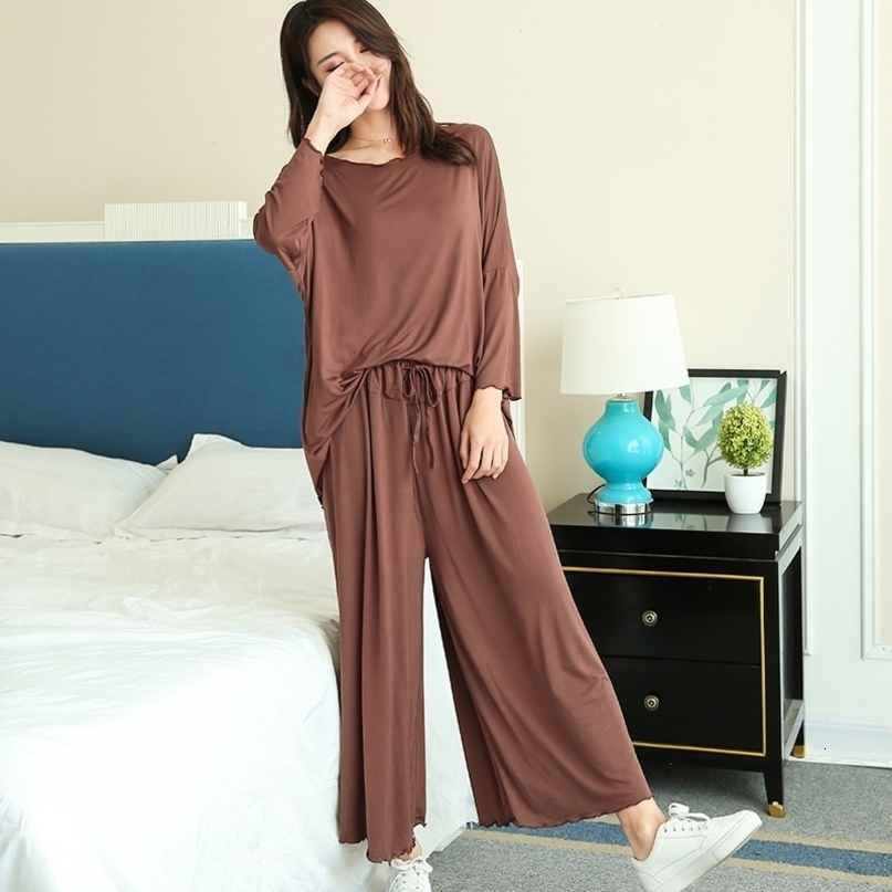 PLUS size home suits women autumn new loose long-sleeved pajamas two-piece set nine-point wide leg pants pijama sleepwear femme 201027