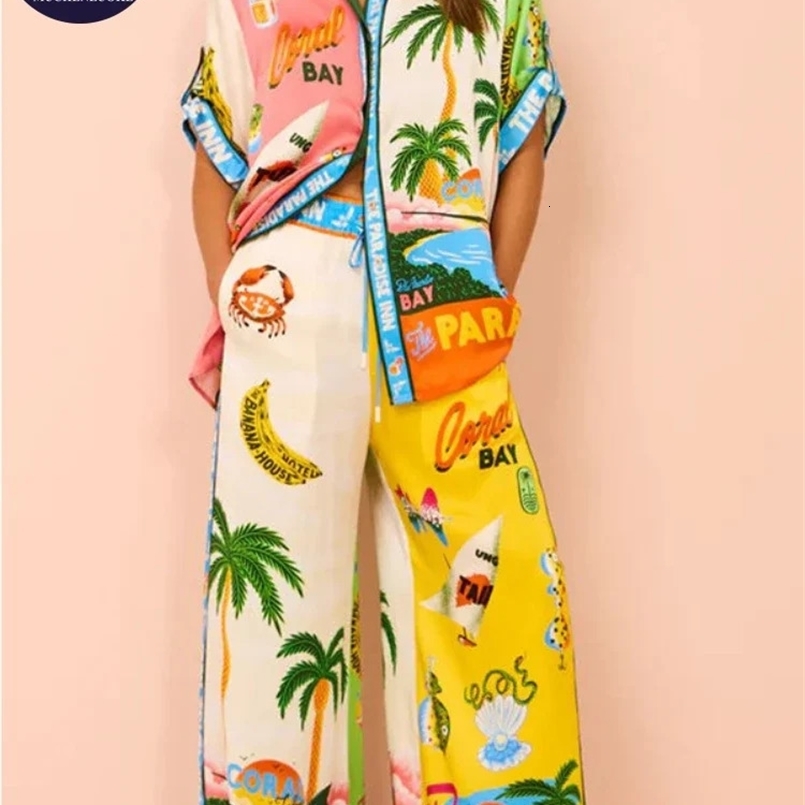 Sets for Women 2 Pieces Summer Fashion Printing Half Sleeve Shirt Set Casual Loose High Waisted Womens Wide Leg Pants Suits 240731