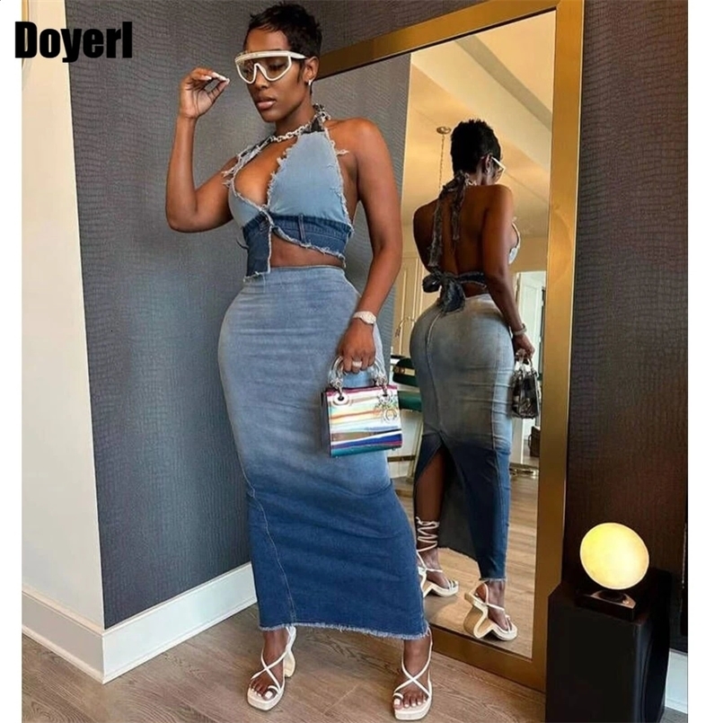 Denim Jeans Two Piece Set for Women Skirt and Top Co Ord Suits Bodycon Dress Sets Sexy 2 Piece Club Outfits in Matching Sets 240823