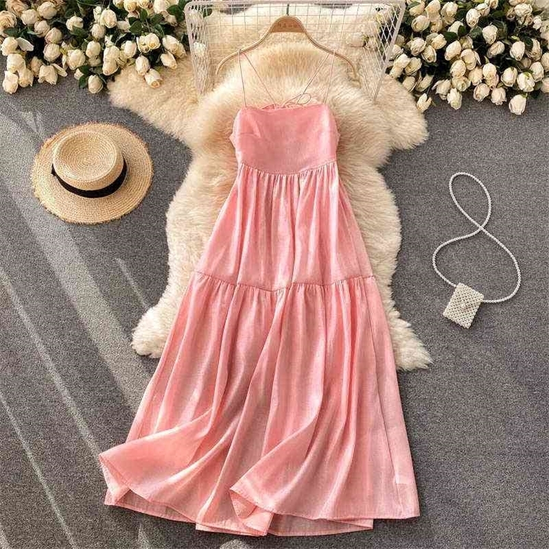 DEAT Spring Summer Fashion Casual Sleeveless Loose Solid Color Open Back Sexy Strap Beach Dress Women SK711 210709