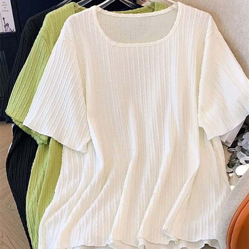150Kg Plus Size Womens Bust 160 Summer Loose Slanted Needle Jacquard Square Neck Short Sleeved T-Shirt 5XL 6XL 7XL 8XL 9XL 240814
