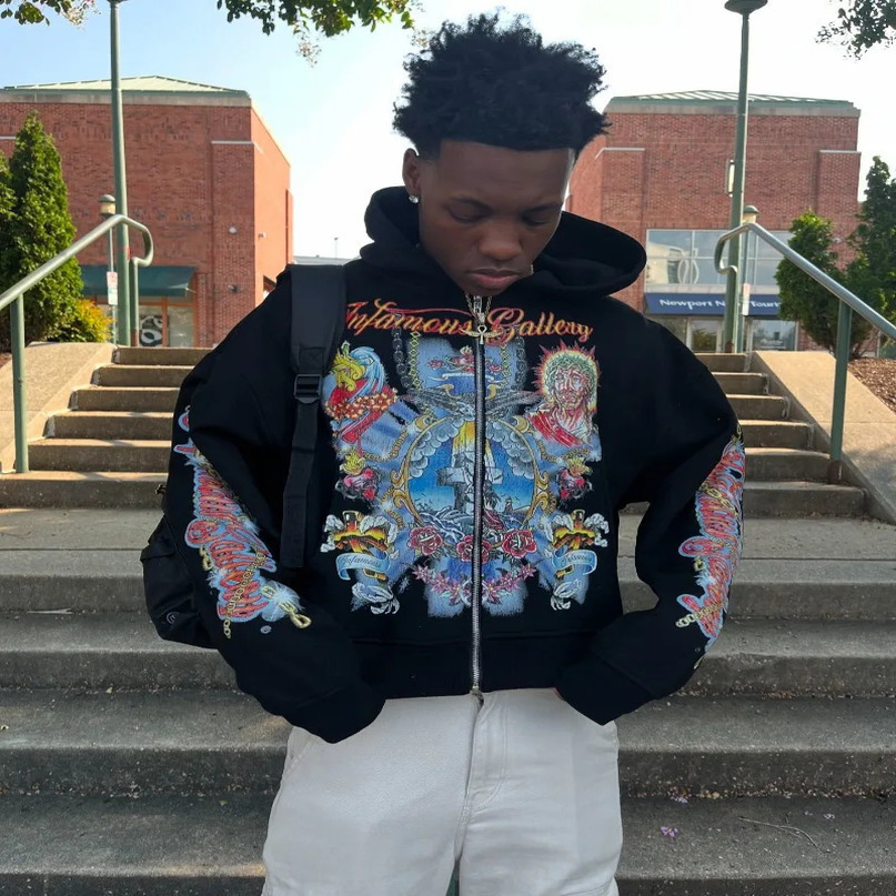 Mens retro baggy hoodie oversized sweatshirt printed personality zipper punk hip hop Harajuku street trend clothing 241217