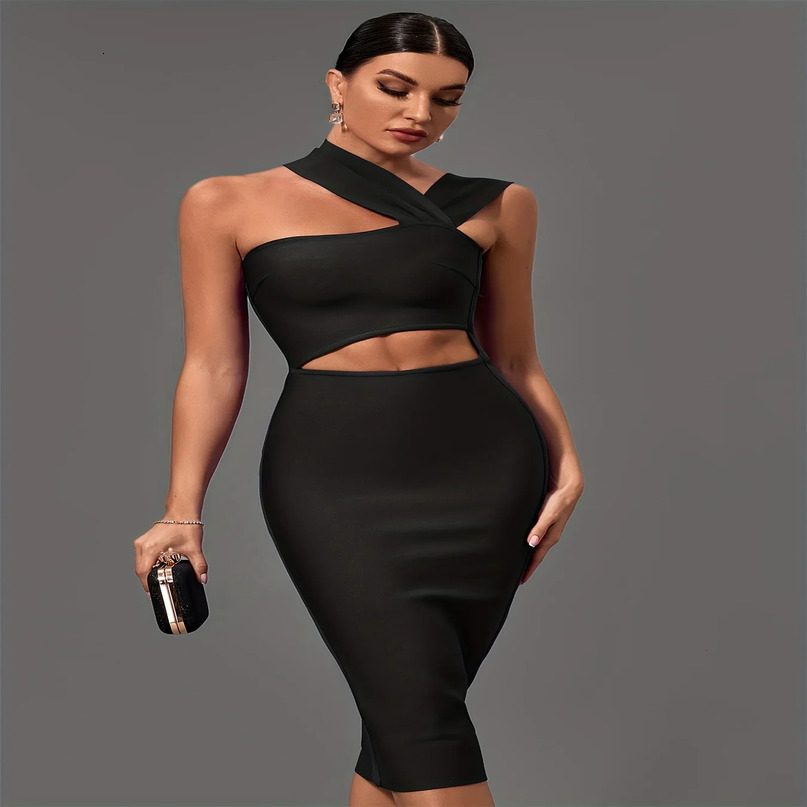 Black Bandage Dress Women Midi Party Bodycon Elegant Halter Neck Sexy Cut Out Birthday Evening Club Outfits Summer 240615