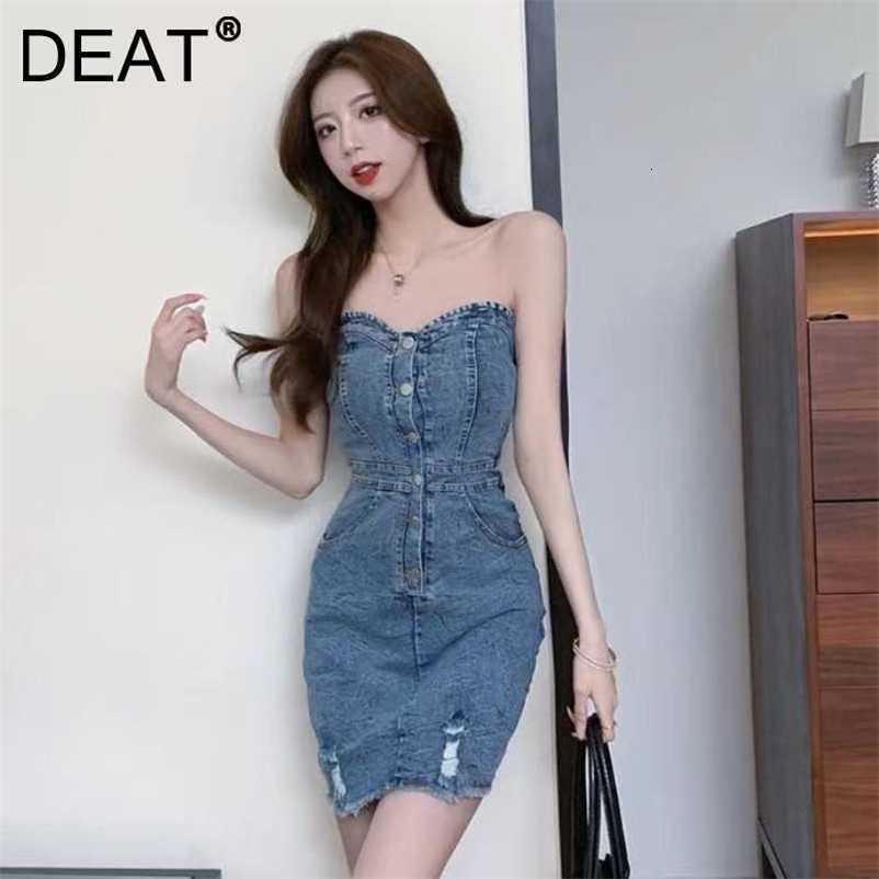 DEAT Women Strapless Denim Dress Sleeveless Arrivals Lady Sexy Backless Temperament Fashion Spring Summer 11D1723 210709