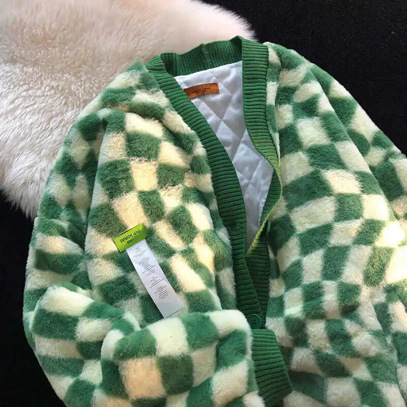 French green plaid coat womens autumn and winter cashmere winter loose lazy style thick baseball cottonpadded jacket 250922