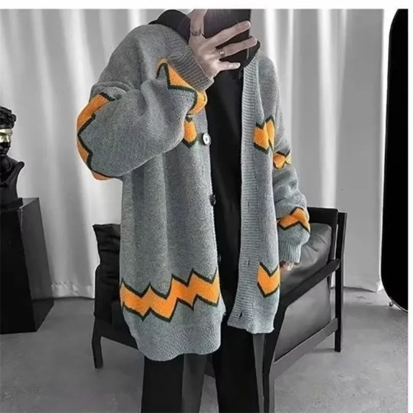 Knitted cardigan wool sweater mens printed loose long sleeved mens sweater Korean review jacket sweater Knitwear Y2k 241125