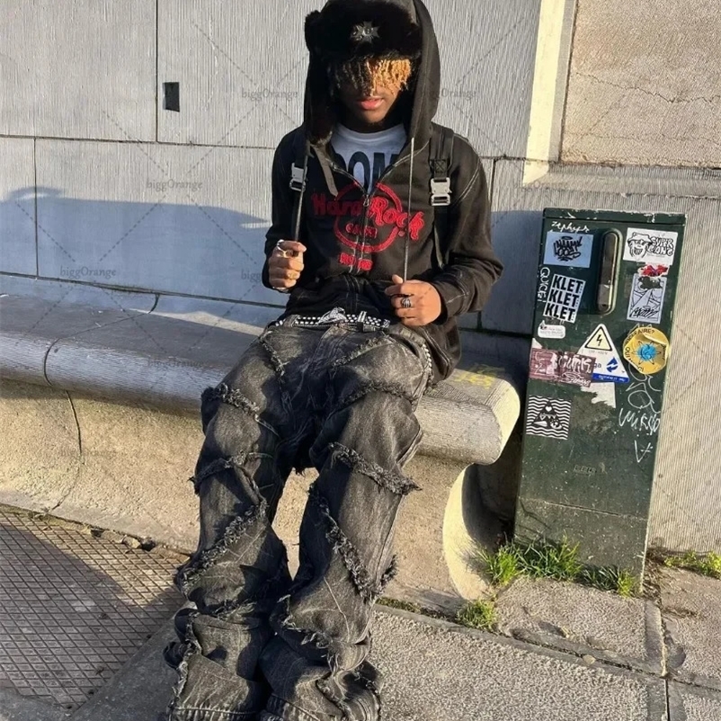 Y2k Gothic retro high-waisted punk wide-foot mens jeans Personality Hip hop fringe casual loose wide-foot jeans 240318