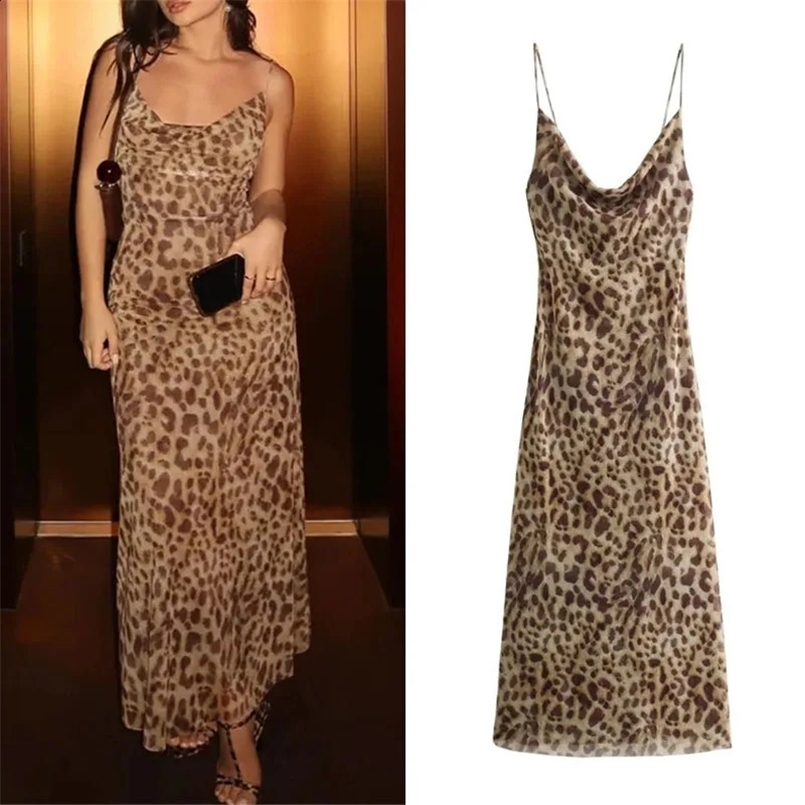 TRAF Leopard Print Long Dress Women Tulle Backless Slip Dress Woman Summer Sexy Holiday Dresses Vintage Midi Party Dresses 240823