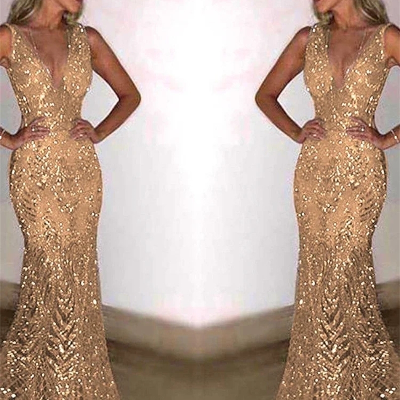 GLCMYAYA-Sequin V Neck Gold Party Evening Dresses for Women Ball Gown Prom Bridesmaid Dress Elegant Ladies Banquet Dress 240930