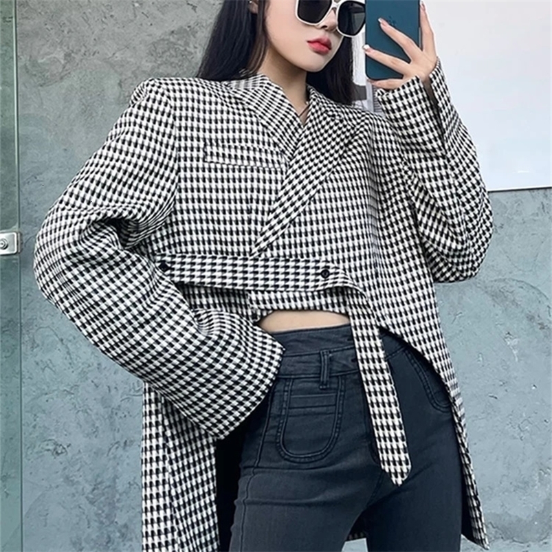 EAM Womens Plaid Big Size Asymmetry Vintage Blazer Lapel Long Sleeve Lace-up Jacket Fashion Spring Autumn 31A0891 250207
