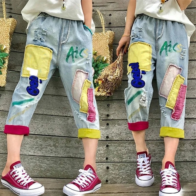 Spring Summer Women Denim pants Thin Retro patch Embroidery Elastic waist Hole Contrast Loose Jeans pants Female 241010