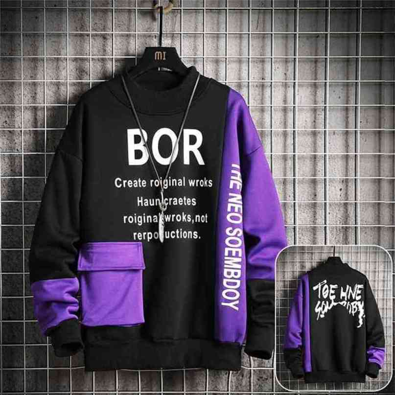 Casual Sweatshirt Men Streetwear Hoodies Letter Printing Mens Patchwork Sweatshirts Male O-Neck Top Pullover Tracksuit 210720