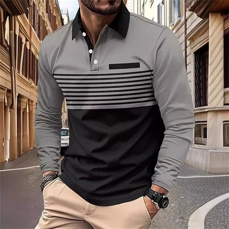 Fashion Stripe Print Mens Long Sleeved Polo Shirts Casual Lapel Loose Tops Comfortable Breathable Men Clothing Autumn Golf Wear 250118