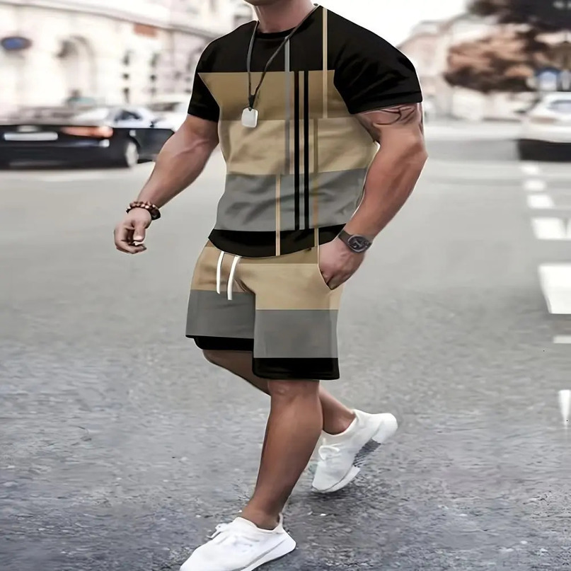 Mens Summer Plaid Striped Shorts Set Street Tshirt Twopiece 3D Printed Casual Round Neck Oversized Beach Sportswe 240531