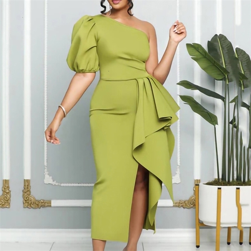 Party Dresses Elegant Dresses for Women One Shoulder Lantern Sleeve Ruffles High Split Ankle Length Sexy Evening Night Party Vestidos Mujer 230211