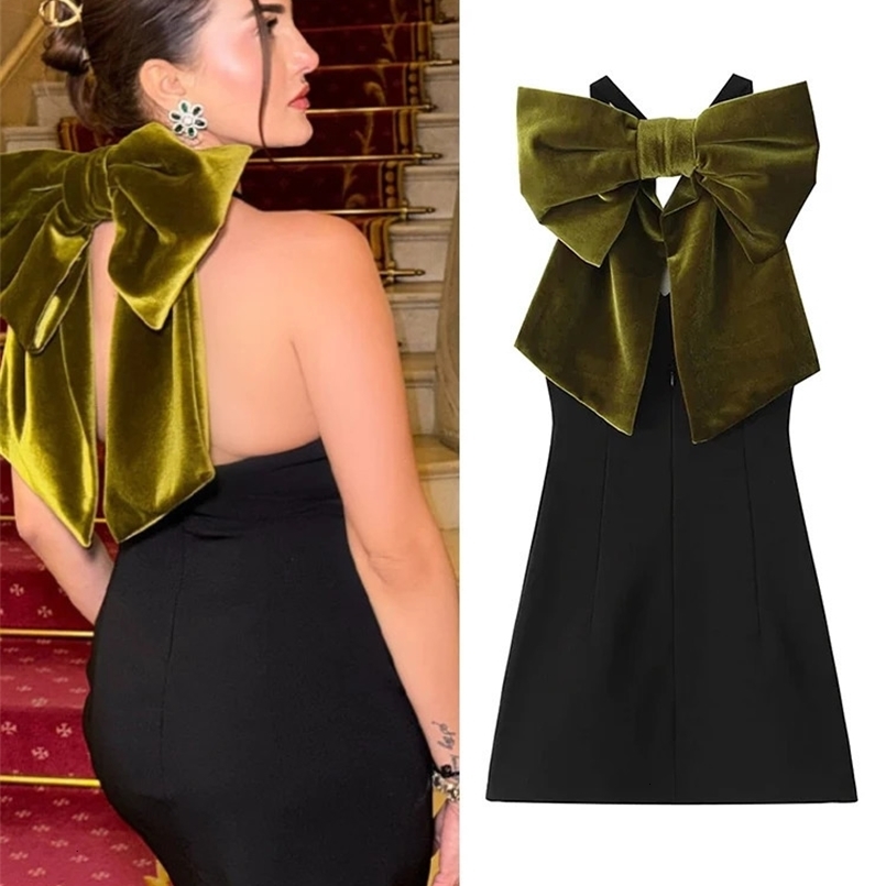 Halter Big Bow Women Dresses V-neck Sleeveless Evening Bowknot Female Mini Dress Sexy Elegant Slim Party Night Lady Vestidos 241120