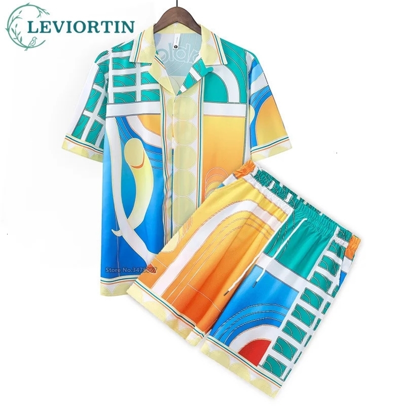 Men Oversize Shirts Funny Retro Geometric Print Color Block Beach Shorts Set Hawaiian Shirt Two Pieces Outfits Streetwear Unisex 240529