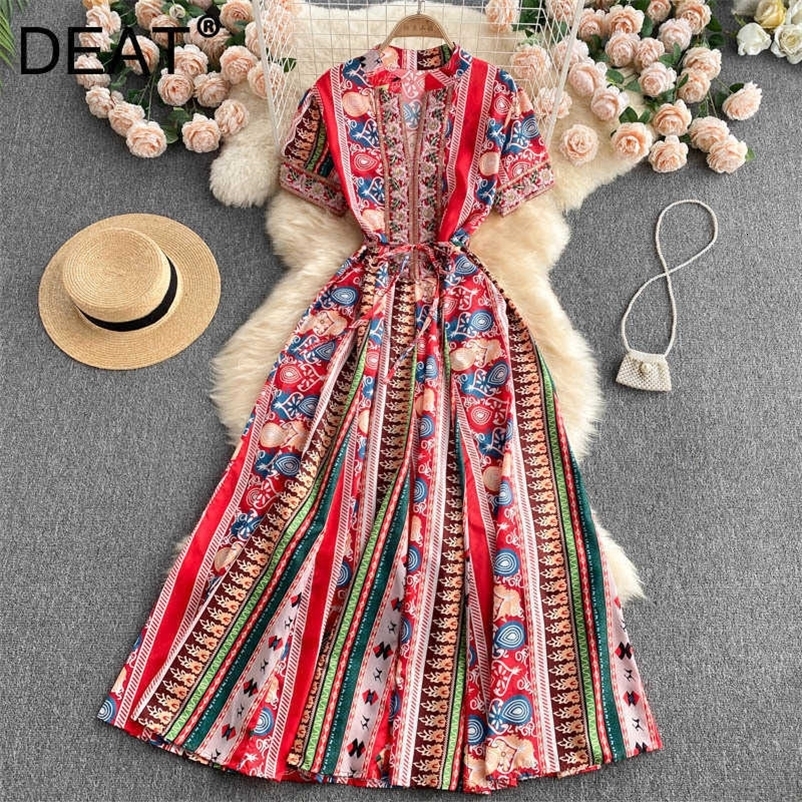 DEAT Women Dress Round Neck Short sleeve Arrivals Lady Sexy Fashion Spring Summer 11D1856 210709