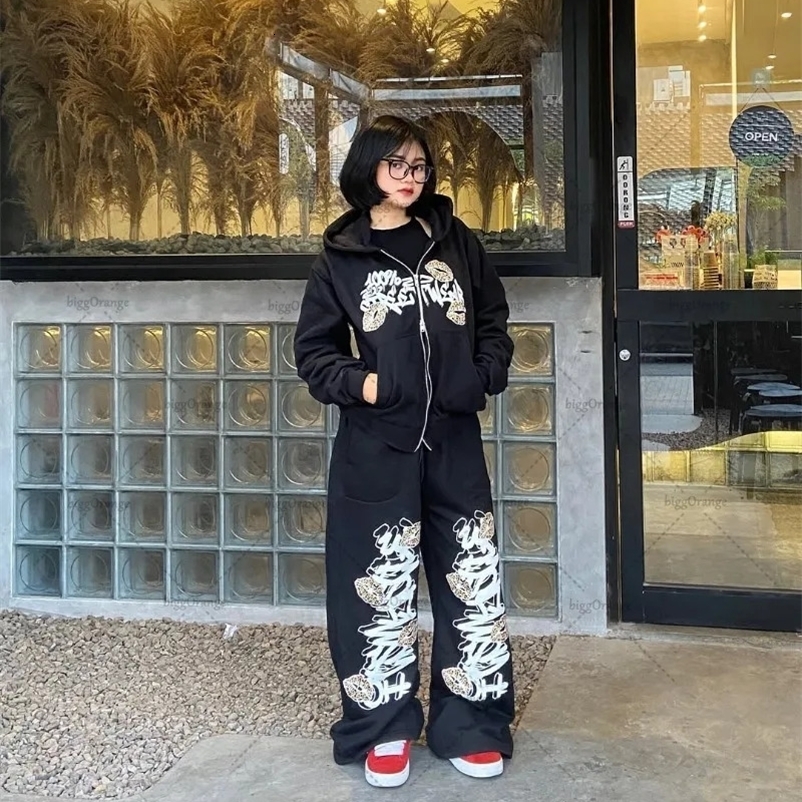 Hip hop Harajuku streetwear Y2K clothing two-piece set womens punk retro double zipper hoodie fashion bag knitted sweatpants 250317