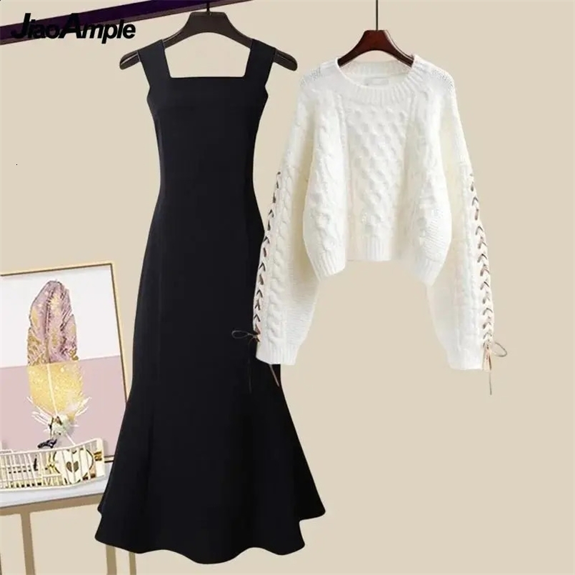Womens Spring Autumn Dress Matching Set Korean Chic and Elegant Loose Knit SweaterLength Skirt Two Piece Female Clothing 240829