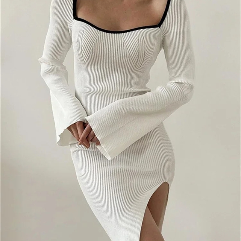 Tossy Knit Ribbed Fashion Long Dress Women Square Collar Slim Patchwork Long Sleeve Elegant Party Dress Knitwear Autumn Dress 240823