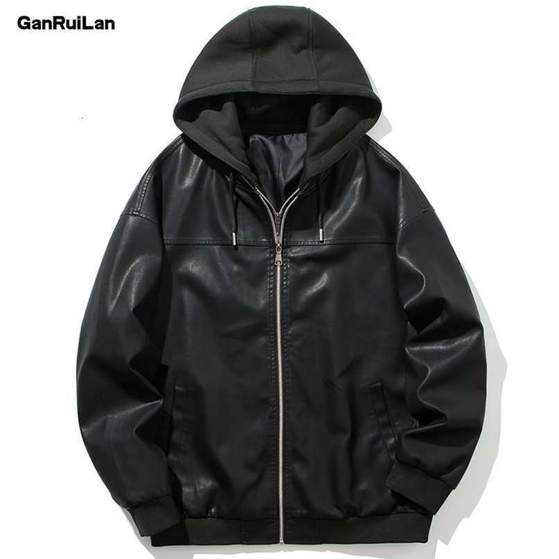 Hat Detachable Cotton Hooded Motorcycle Biker Men Black PU Leather Jacket and Coat Slim Fur Inside Jaqueta Couro JK18906 210518