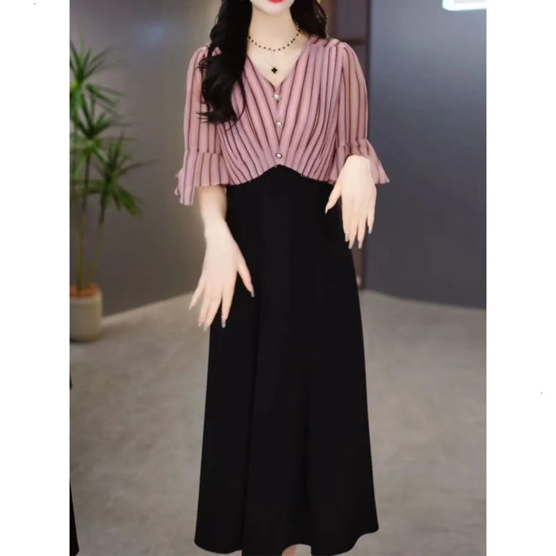 Summer Womens Contrast Color VNeck Button Striped Spliced Half Sleeve Elegant Trendy Slim Midi Dress 240615