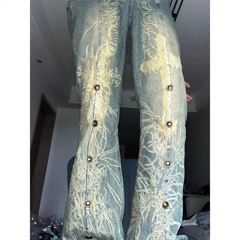 American style jeans washed old tattoo jeans rivet bootcut trousers men and women couple high waist denim trousers baggy jeans 240816