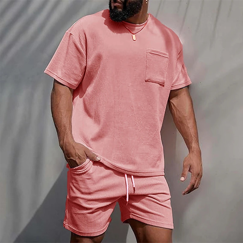 Summer Casual Mens Two Piece Suits Corduroy Solid Color Outfits Men Fashion Pocket Short Sleeve O Neck Tees And Shorts Sets 240531