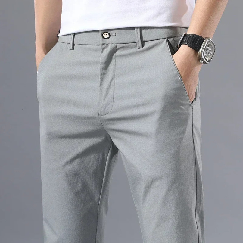 Mens Thin Pants Solid Color Smart Casual Business Fit Body Stretch Trousers Men Cotton Formal Breathable 240411