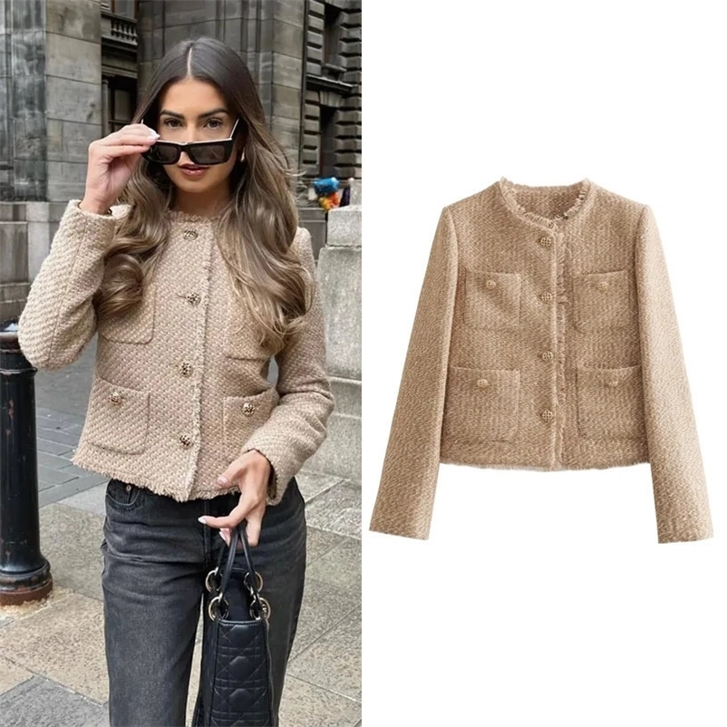 TRAF Womens Jacket Coat Tweed Cropped Jacket in Outerwears Autumn Winter Crop jacket Woman Long Sleeve Elegant Short Coats 240408
