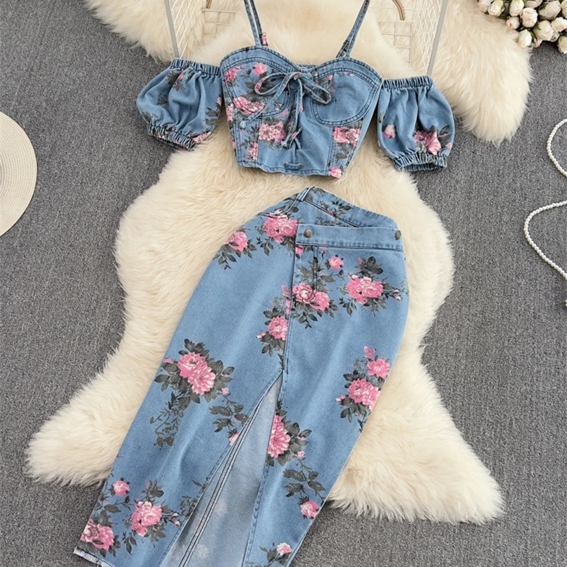Women 2 Piece Set Denim Fashion Female Girl Chic Sexy Sling Top High Waist Irregular Split Skirt Summer Lady Suit 240829