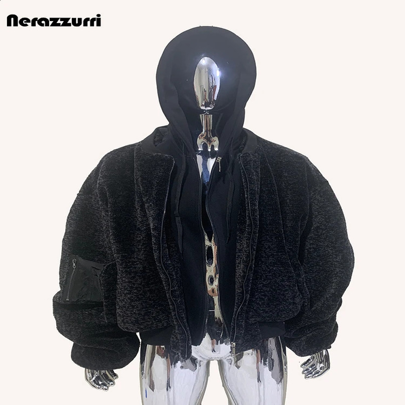 nerazzurri Winter Oversized Thick Warm Distressed Black Real Fur Coat Men 2 Pieces Clothes Hoodie Fluffy shearling Jacket 241120