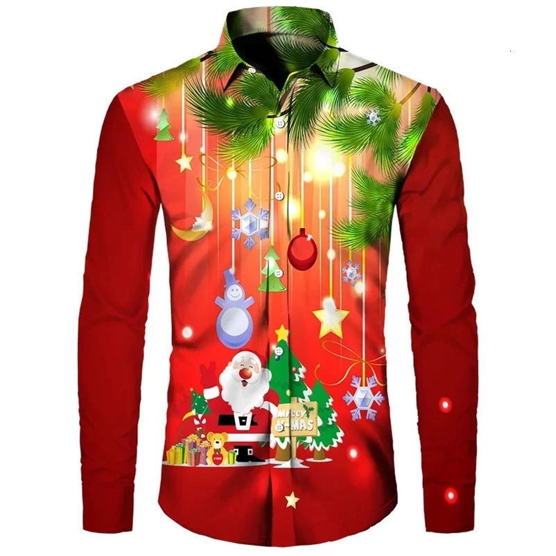 Men's Casual Shirts Men's Large Size Long Sleeve Christmas Casual Party Lapel 3D Printed Versatile Shirt 231020