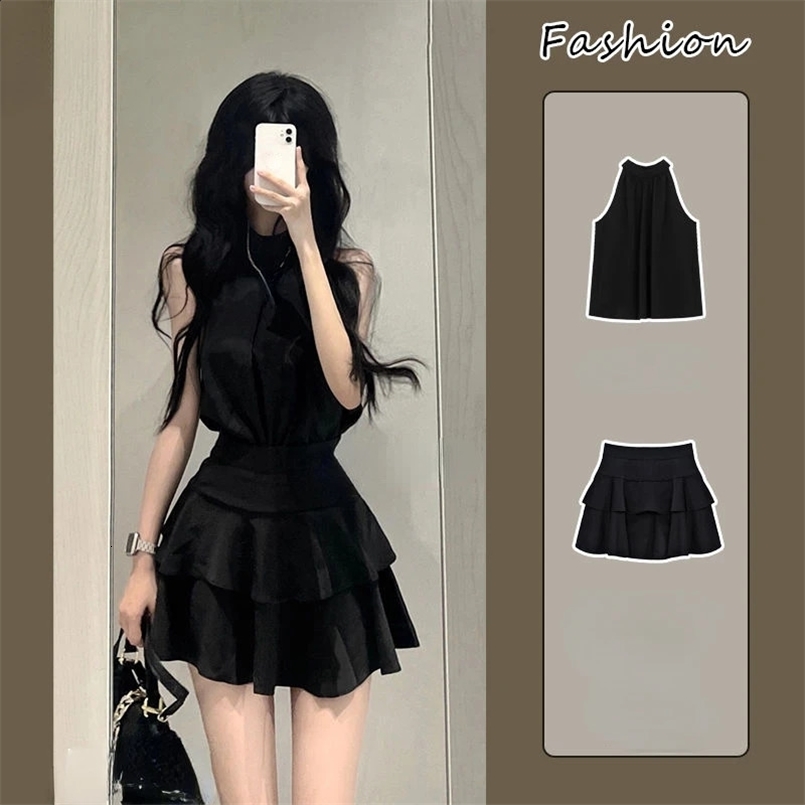 Summer Black 2 Piece Skirt Sets Women Korean Fashion Clothing Y2k Crop Tops Blouse Mini Skirts Sexy Suits Chic 240919