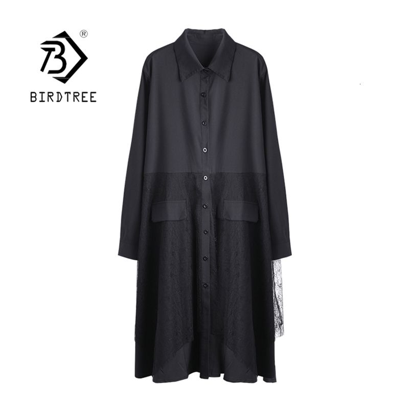 Spring Women's Plus Size Solid Lace Patchwork Shirt Long Sleeve Elegant Casual Loose Mid-Length Dress Lady Summer D13312X 210416