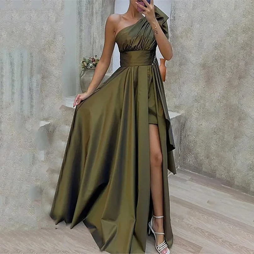 Elegant Army Green Party Evening Dress Women Sexy Ruched One Shoulder Higt Waist Split Long Dresses Fashion Irregular 240615