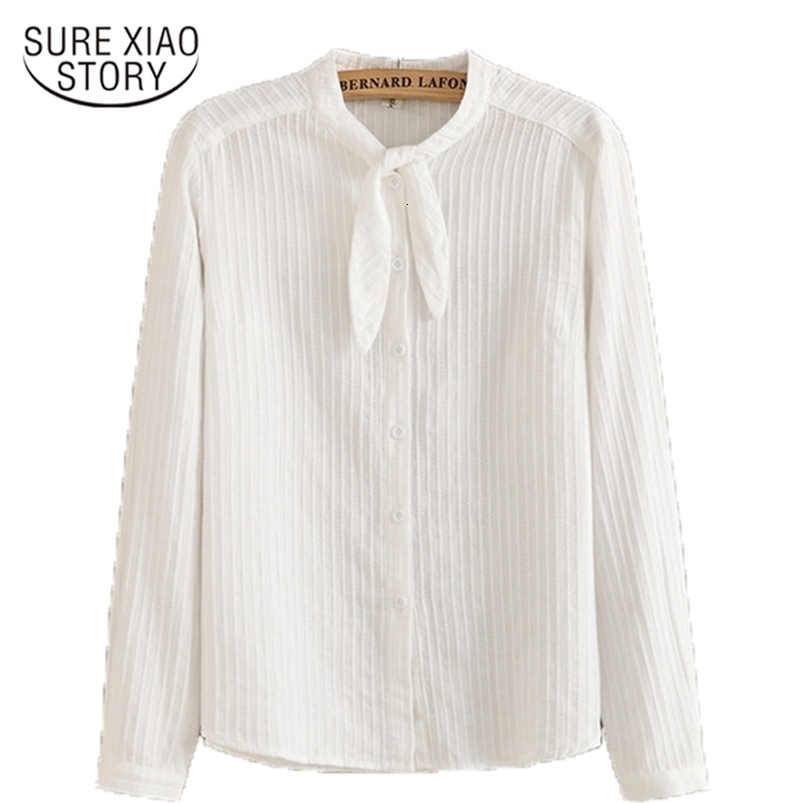 arrived spring women tops solid white long sleeved blouses casual female shirts slim bow clothing d318 30 210506