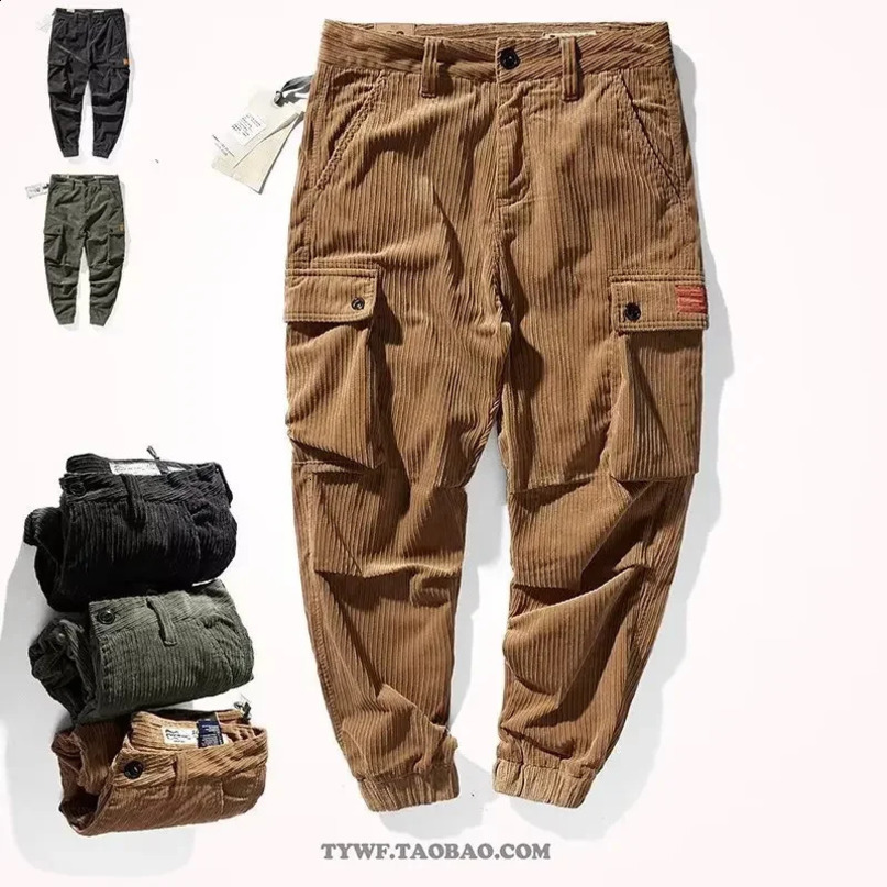 Vintage American Style Corduroy Cargo Pants Loose Fit Large Pocket Casual Trousers For Men Fashion 241122