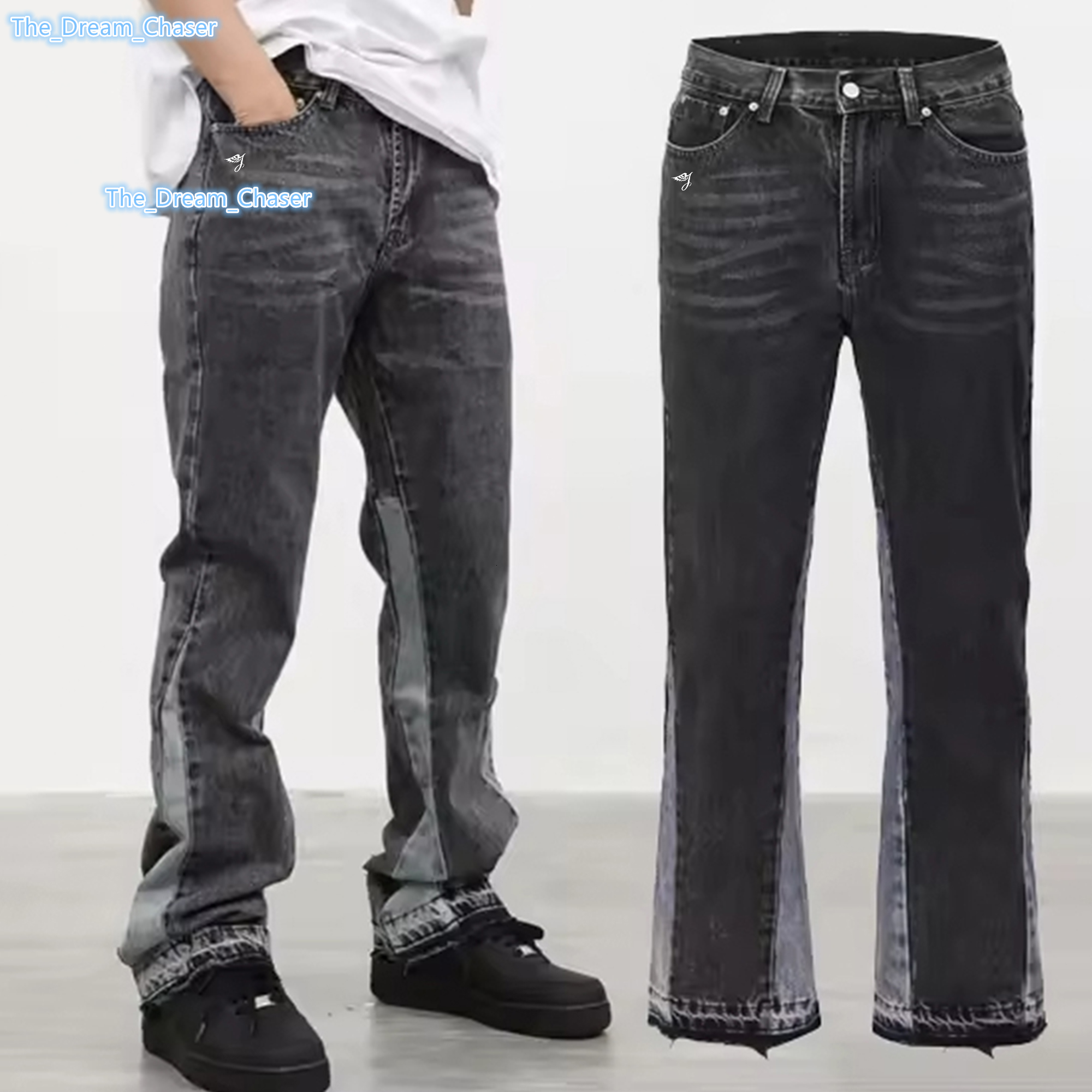 Custom Brand High Quality Mens Cotton Jeans Loose Fit Casual Black Grey Patchwork Vintage Wash Flares Denim Trousers