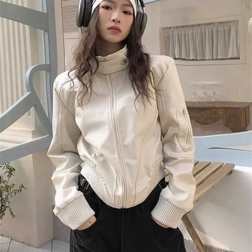 Retro almond PU womens short jacket Y2k street oversized synthetic leather motorcycle jacket Korean Bf punk jacket 240824