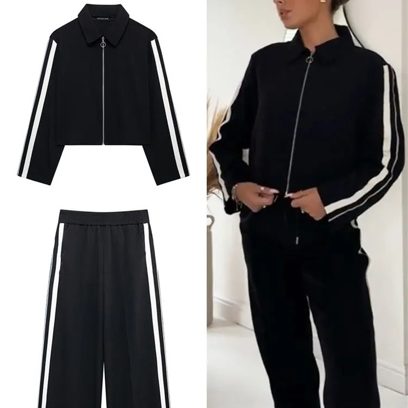 TRAFZA Women Fashion Side Stripe Coat Pant Set Long Sleeve Zipper Jacket Elastic Waist Wide Leg Pants High Street Lady Outfit 241203