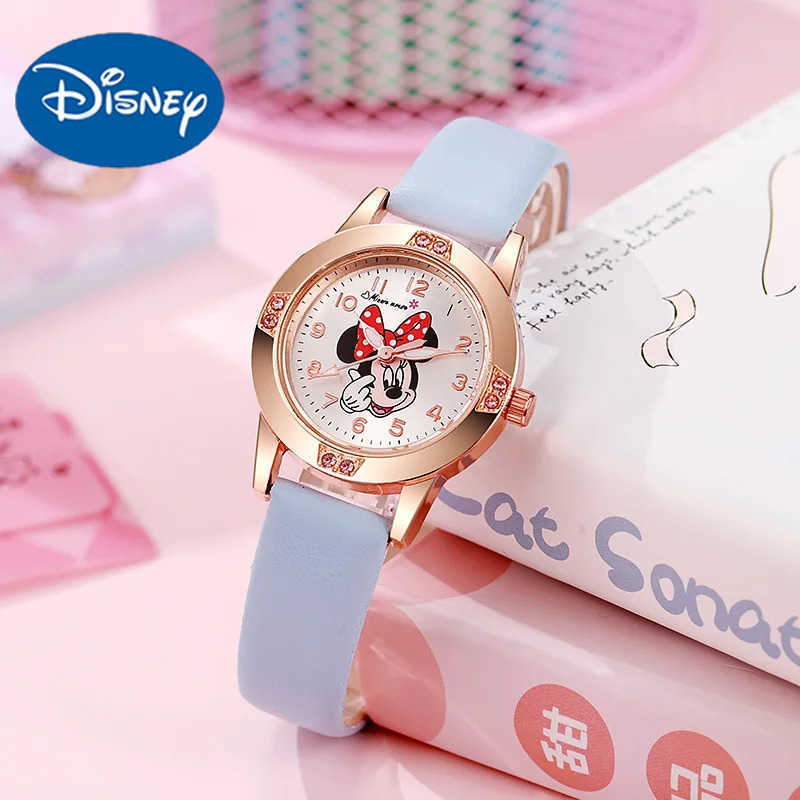 Disney Fashion Mickey Mouse Diamond Children Watches for Kids Kawaii Pink Ladies Girls Watch Leather Strap Women Quartz Clock Gift H250924-image-1076678715