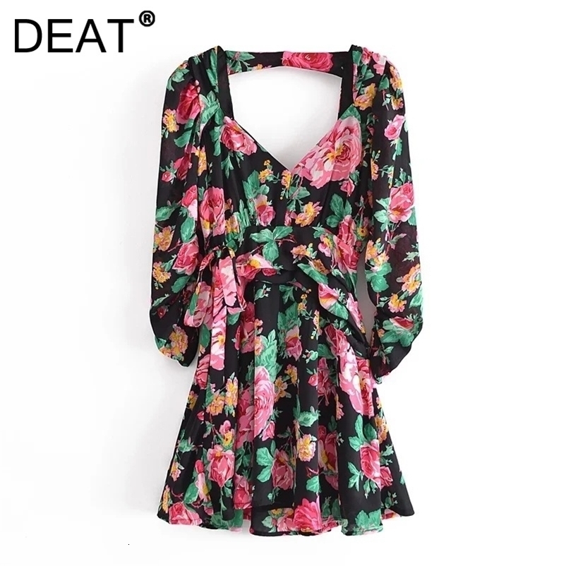 DEAT Women Hollow Out Printing Dress V-Neck Long Sleeve Arrivals Lady Sexy Temperament Fashion Spring Summer 11D1698 210709